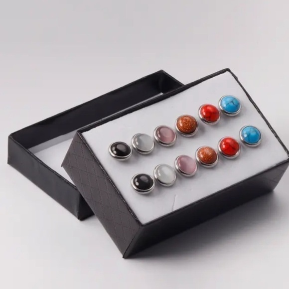 Earrings Boxed Set 6 Colored Stones in Silver Steel Posts - Picture 1 of 4